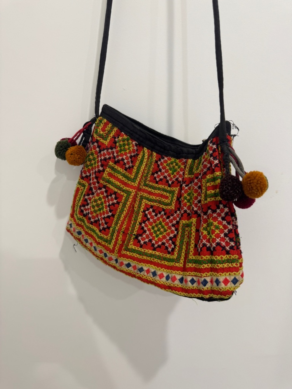 Handcrafted Multicolor Embroidered Crossbody Bag - Black Trim - see all photos